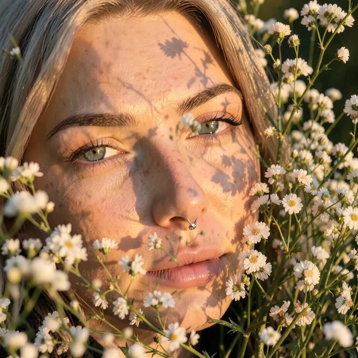 Ultra-realistic close-up portrait of a young woman lying in a field of ti...