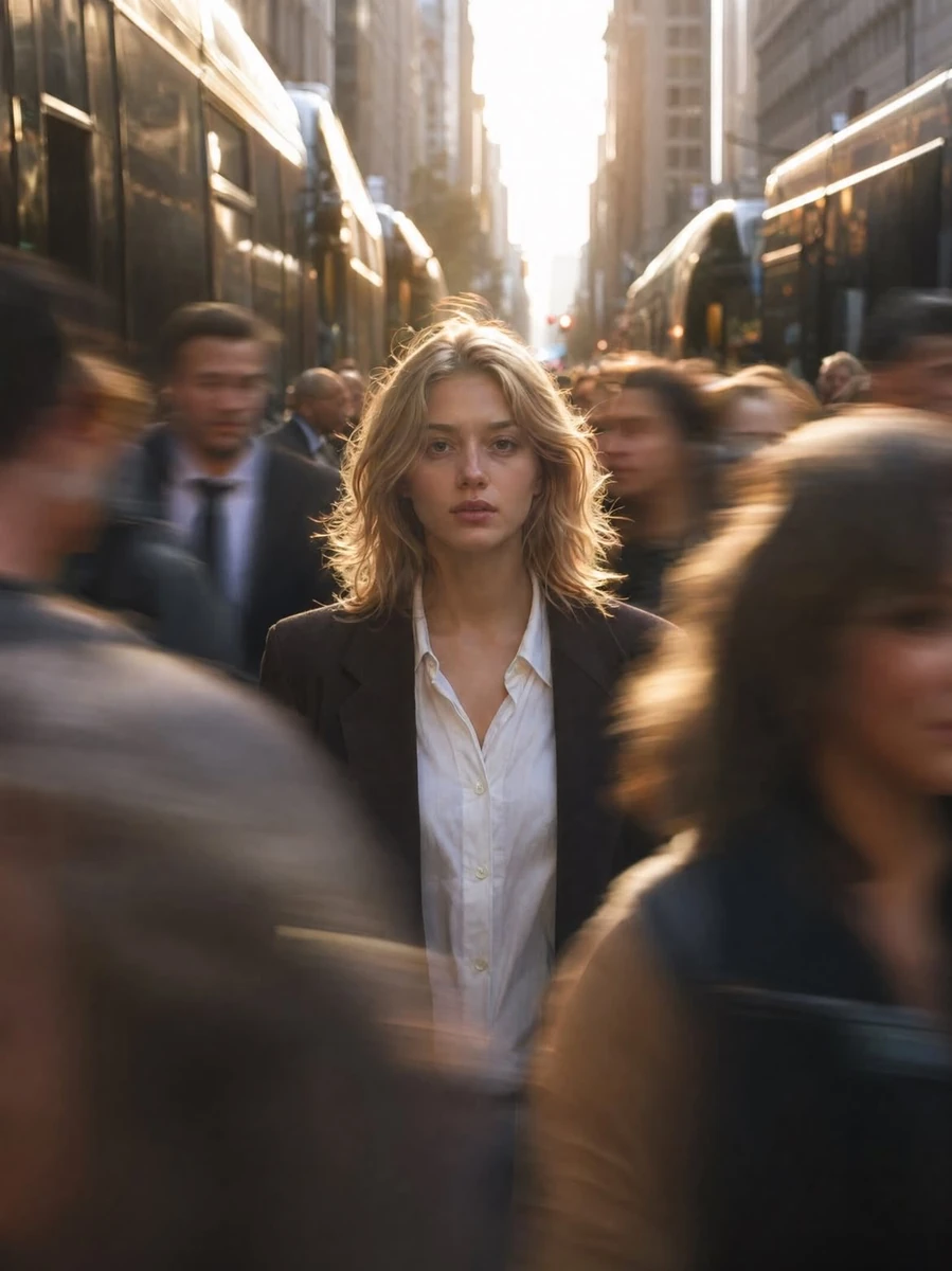 Cinematic street photography of a young woman standing still in the cente...