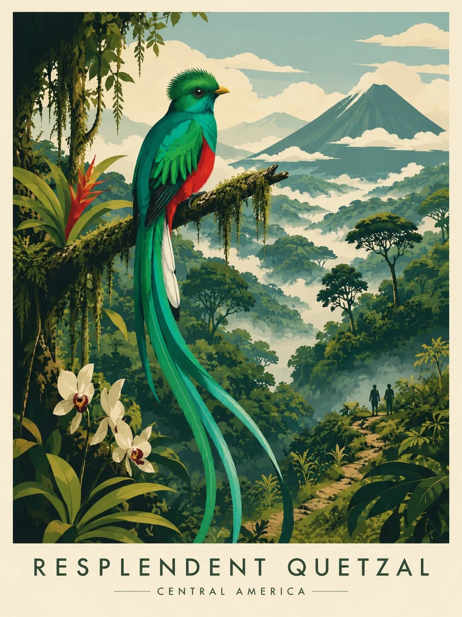 Vintage-inspired editorial wildlife poster illustration of a Rainbow Lori...