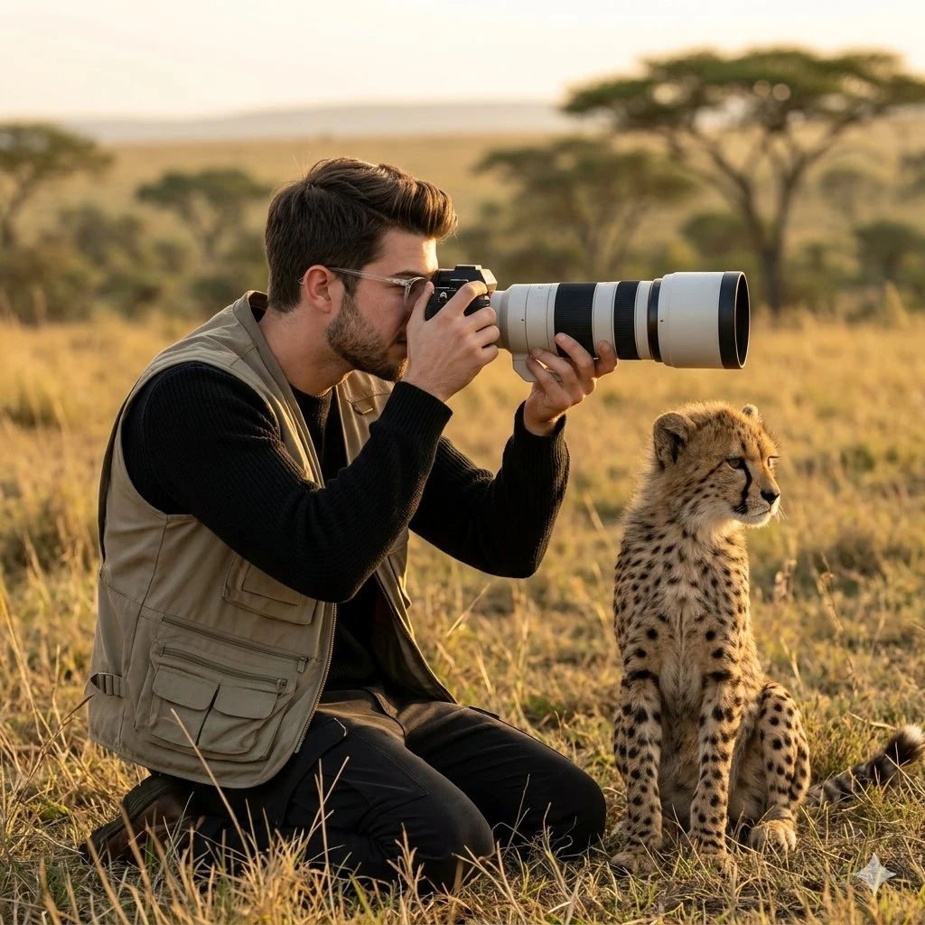 A cinematic wildlife scene of a professional photographer kneeling in an...
