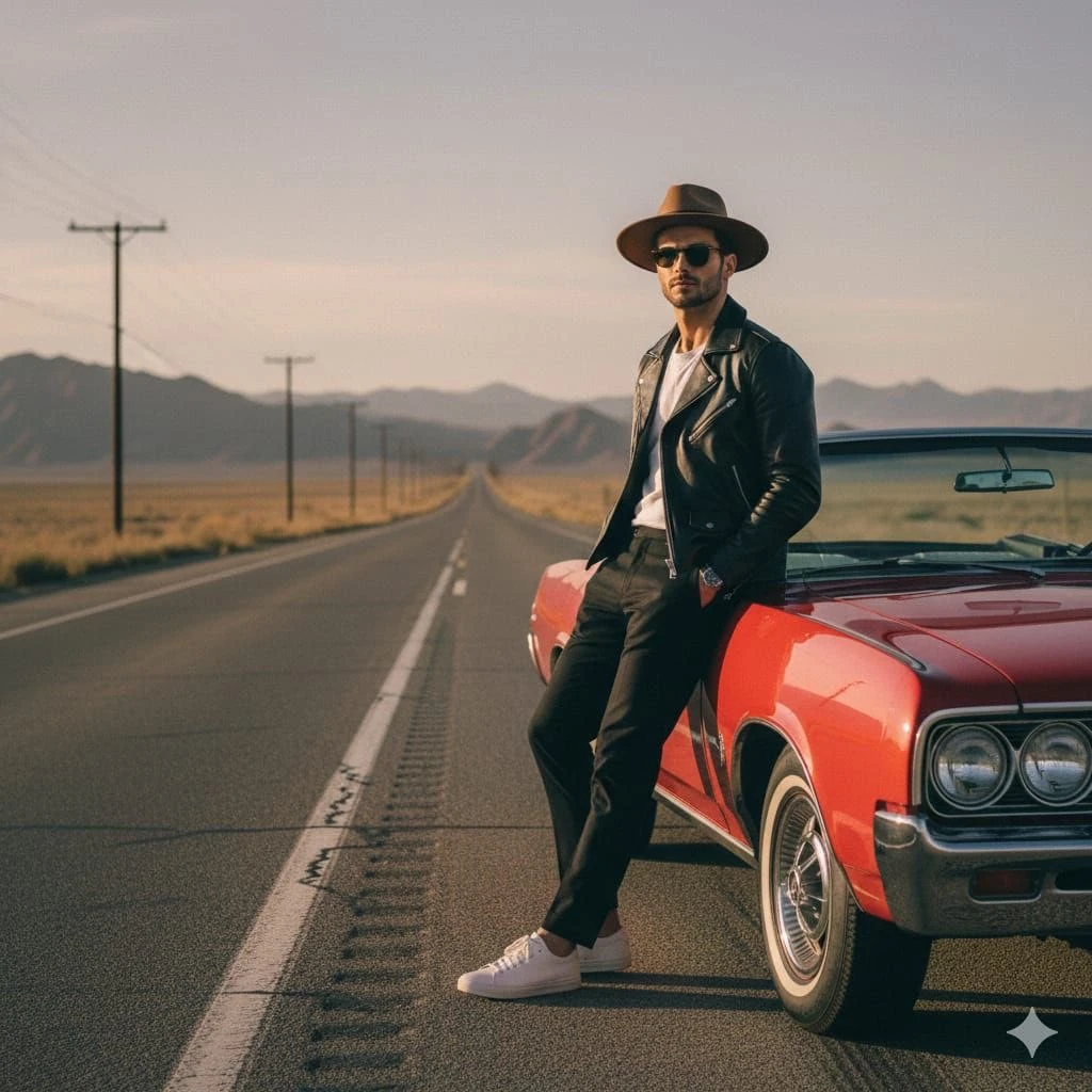 A cinematic fashion portrait of a confident man leaning against a classic...