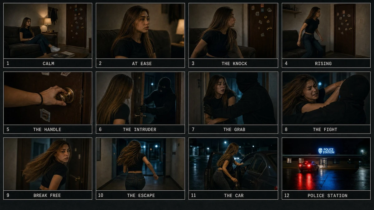 A cinematic home-invasion thriller in 16:9 4K with a realistic film look...