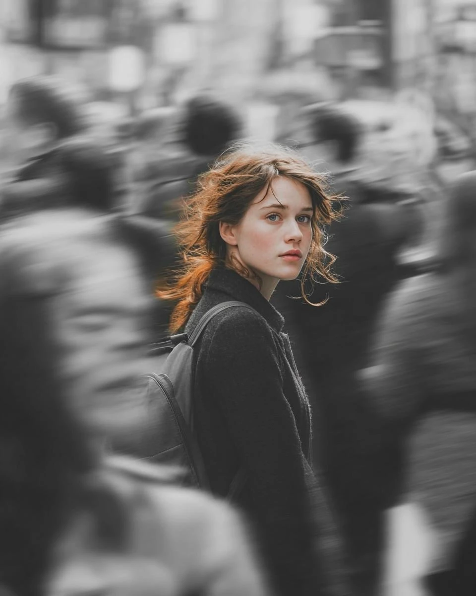 A cinematic street portrait of a young woman walking through a crowded ci...