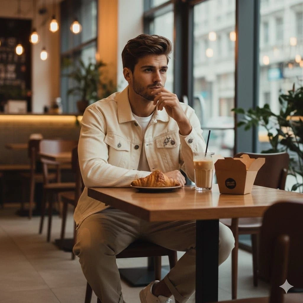 Cinematic lifestyle café portrait of a stylish man sitting alone at a mod...