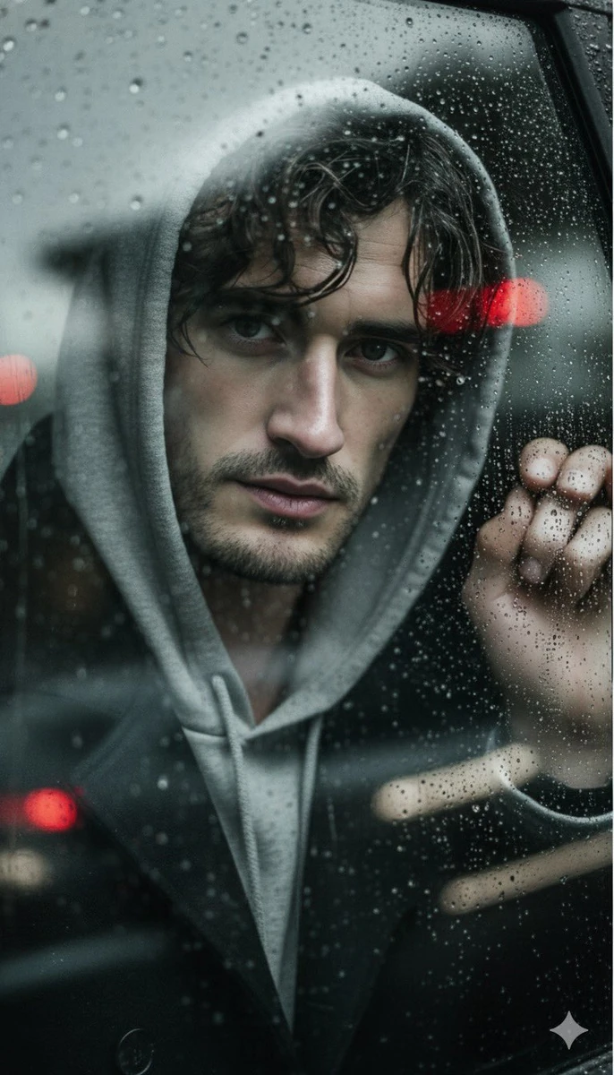 Captured through a car window streaked with raindrops, your face appears...