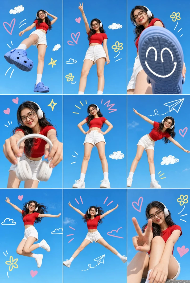 A 3x3 grid collage containing nine separate photos of a single young Asia...