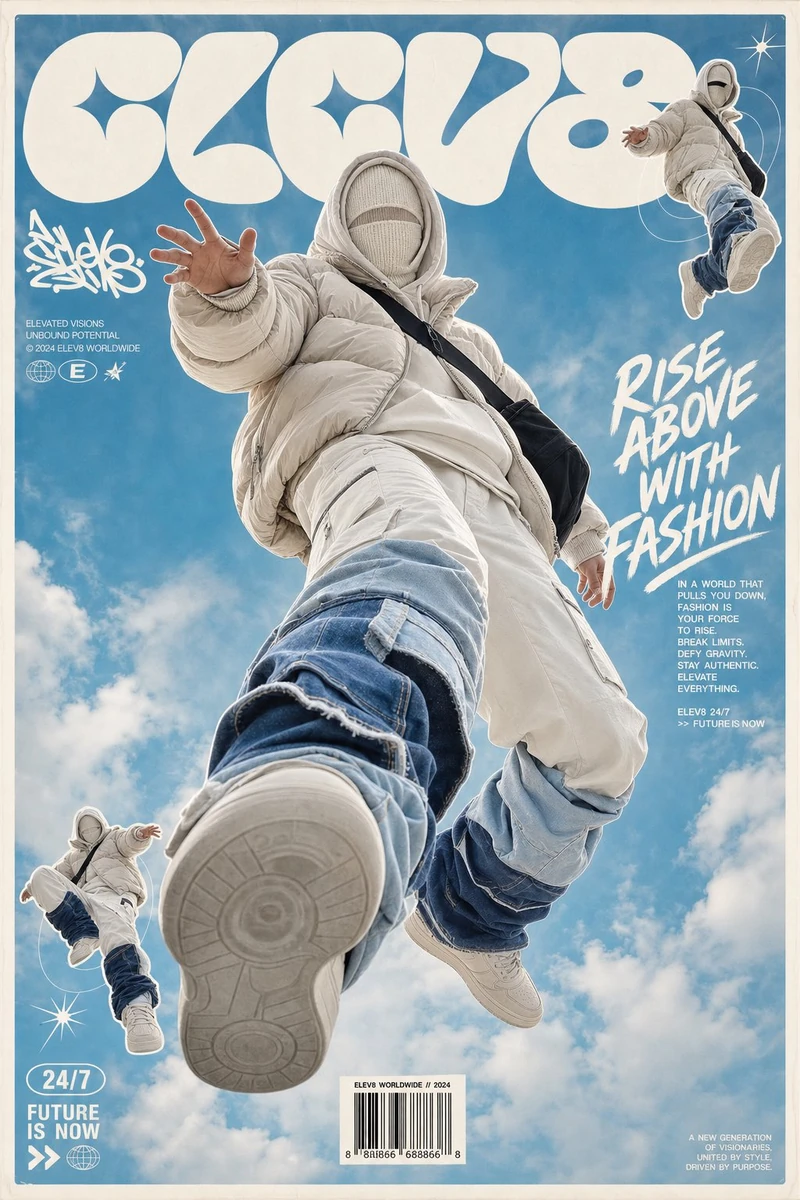 A high-end futuristic streetwear fashion poster featuring a faceless avan...
