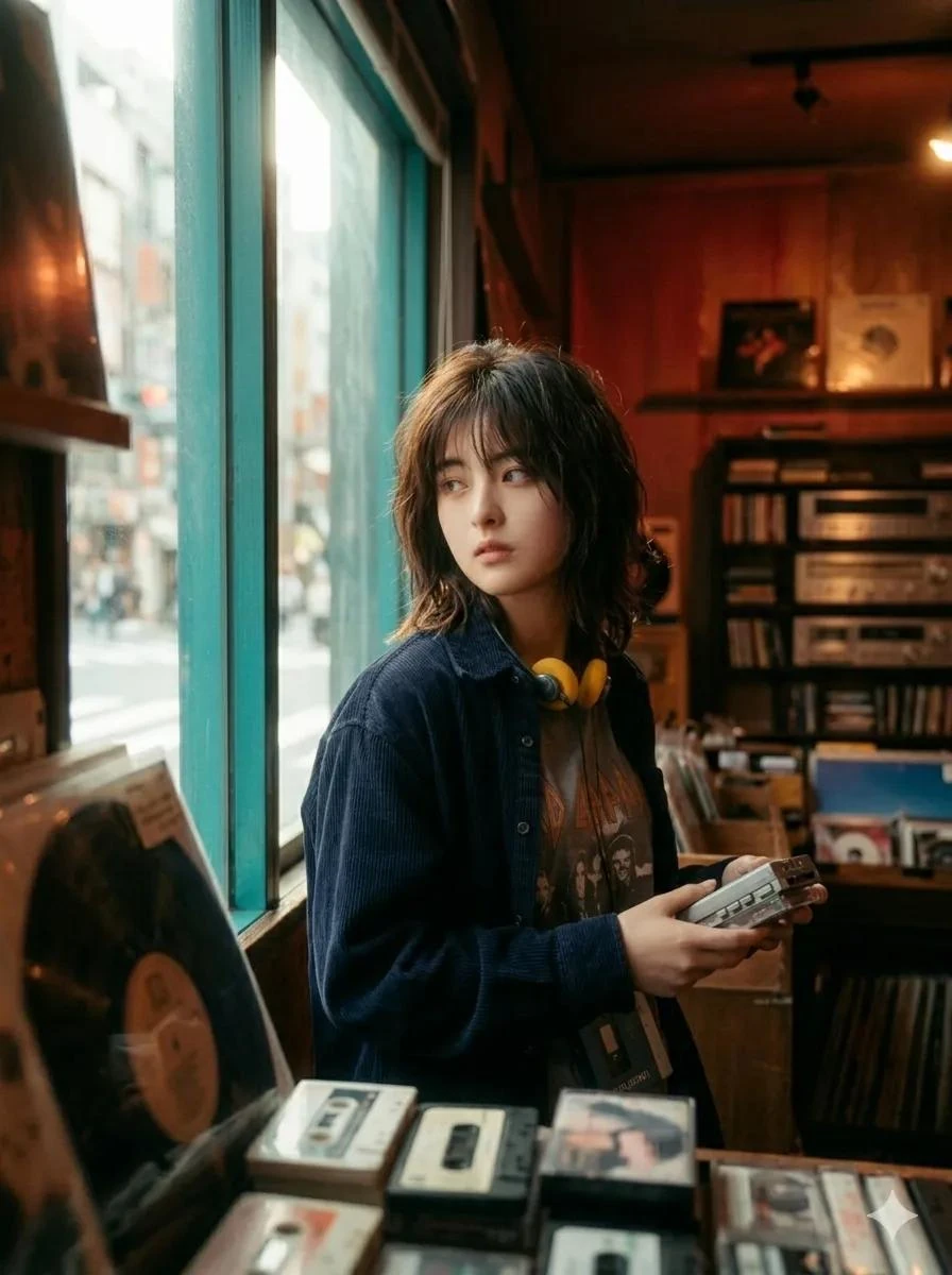 subject is captured in a candid, natural moment inside a cluttered Japane...