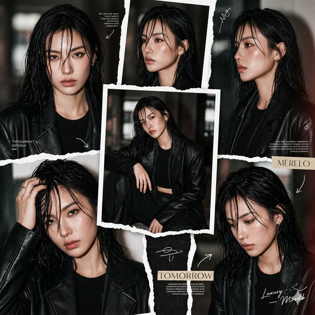 A hyper-realistic 1:1 square cinematic collage portrait of an young adult...