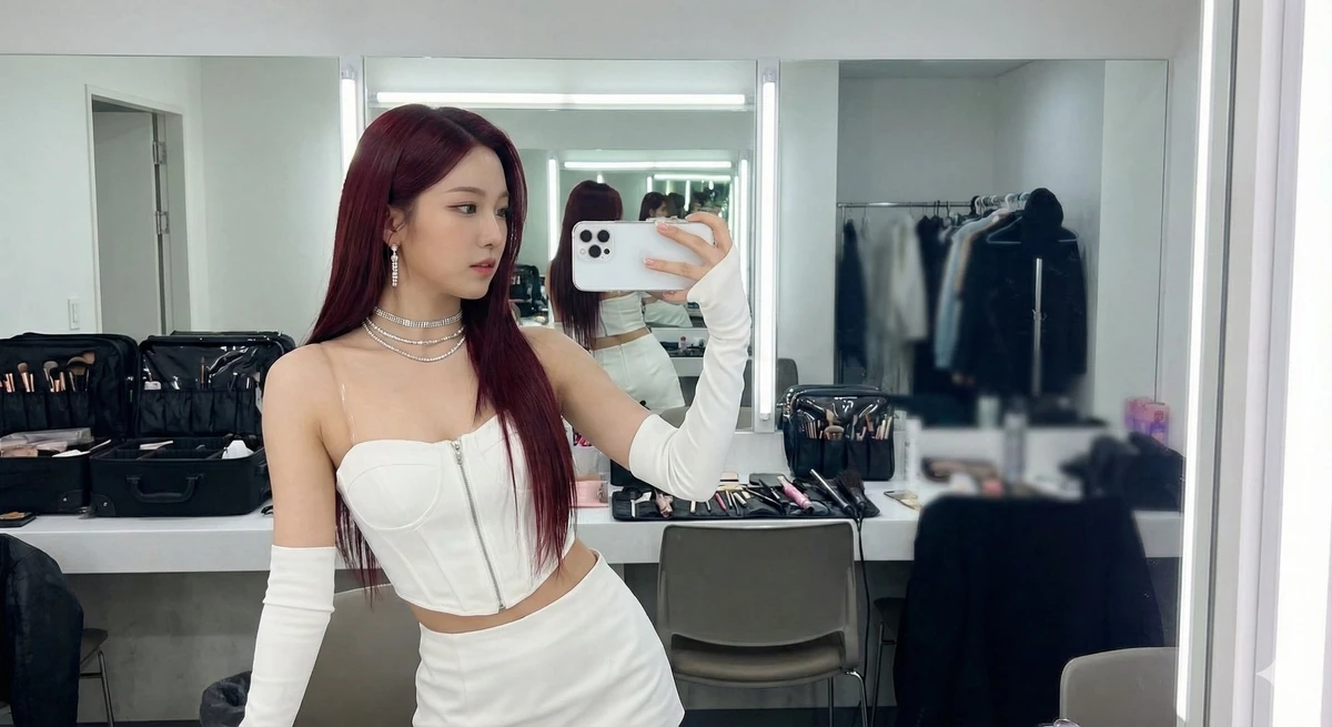 Young Asian female (K-pop idol aesthetic), pale porcelain skin, long stra...