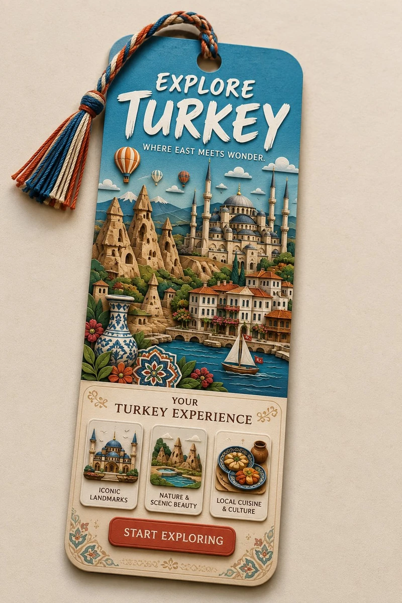 The bookmark should be a tall, rounded-corner cardstock bookmark resting...