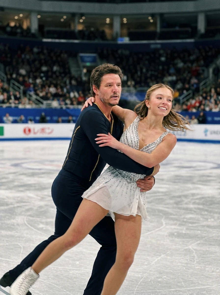 Pedro Pascal and Sydney Sweeney performing figure skating together at the...