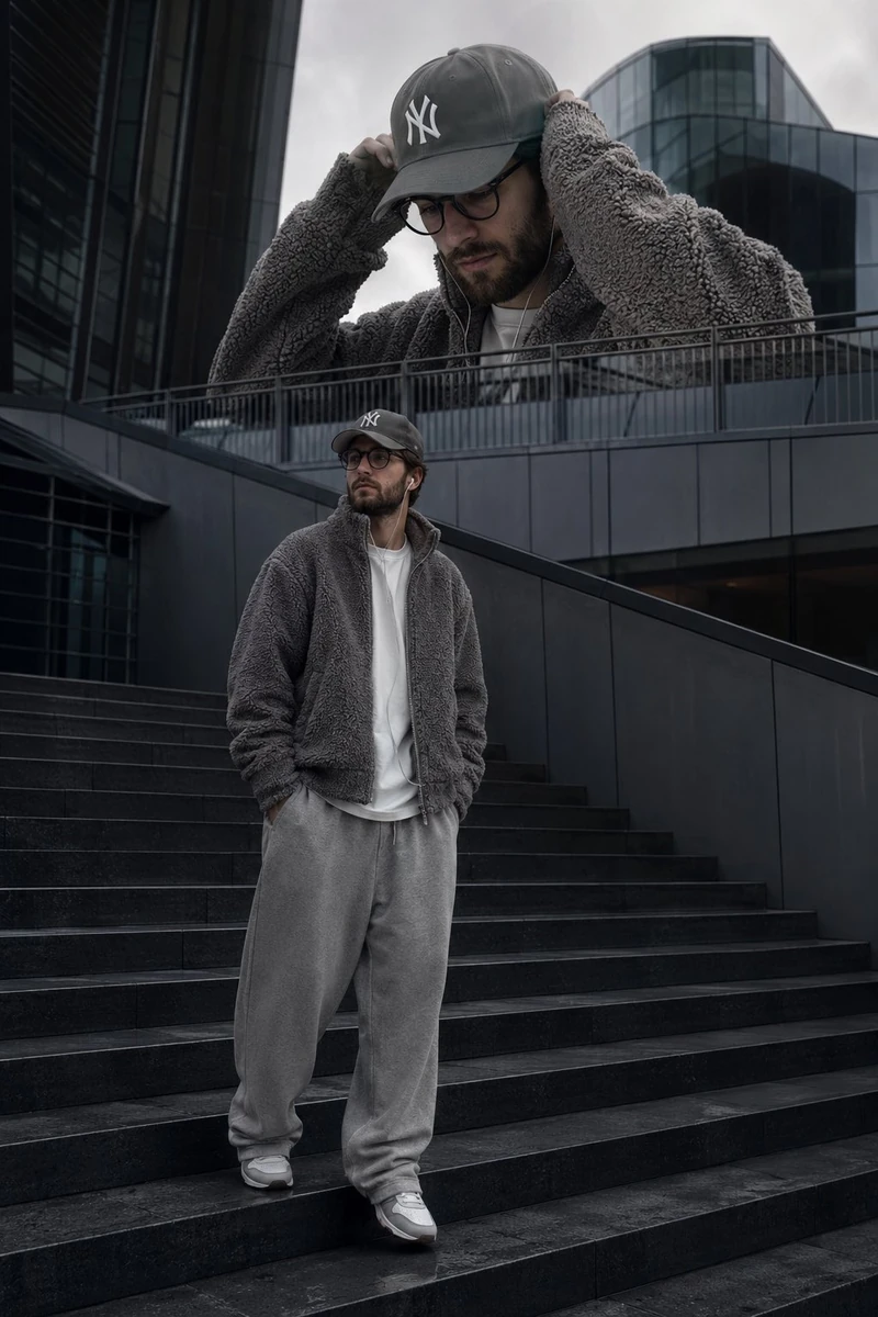 cinematic luxury streetwear editorial with a layered in-camera compositio...