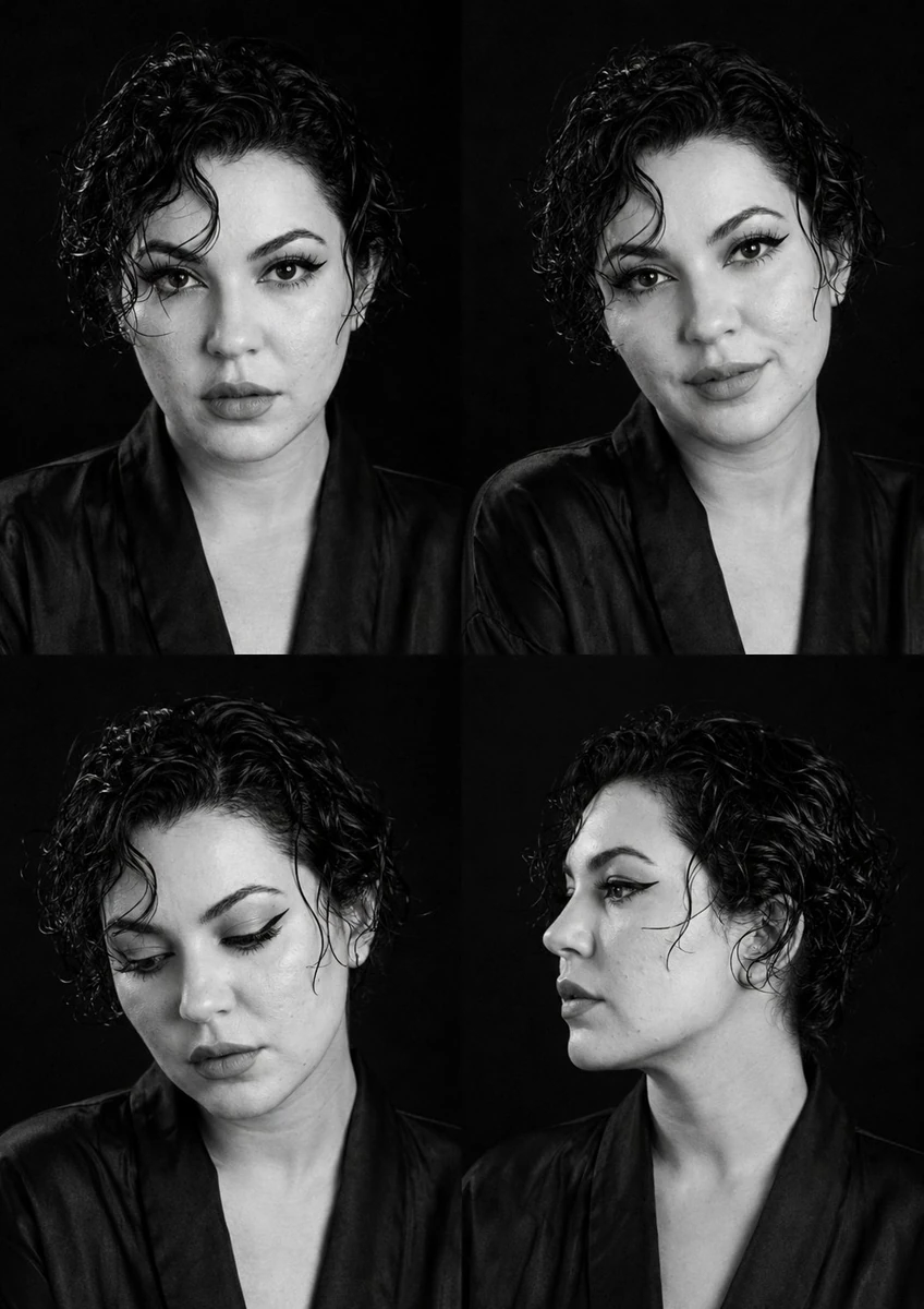 Black-and-white fashion casting contact sheet of a woman with short wet c...