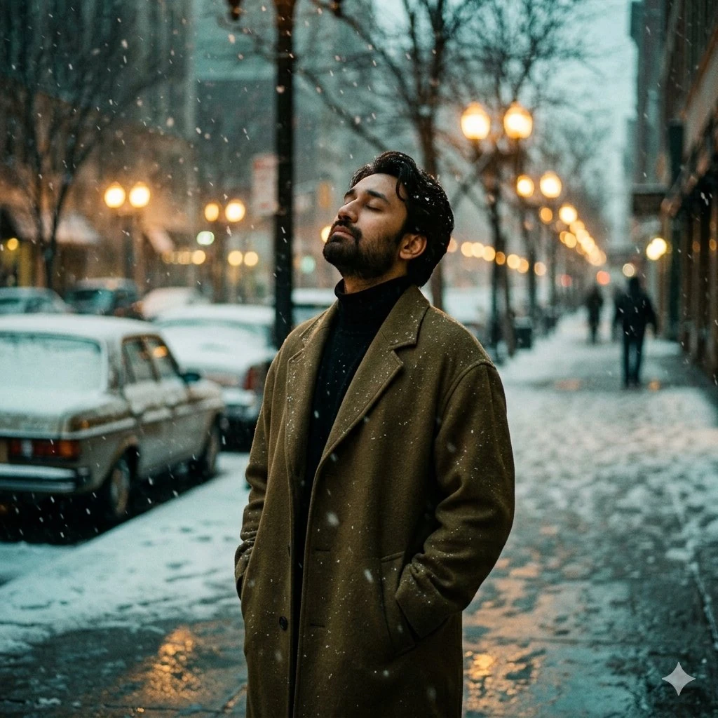 **A cinematic atmospheric street photograph of a young man standing alone...