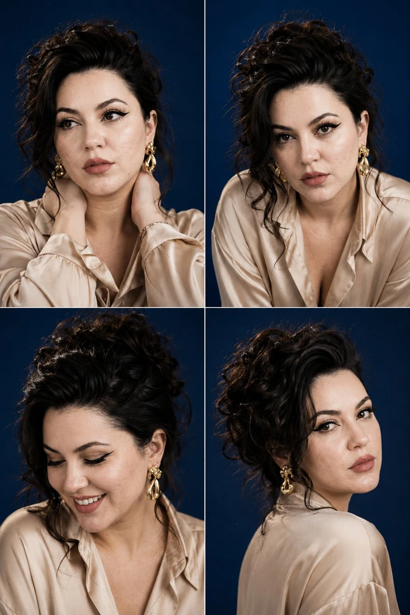 Luxury fashion casting contact sheet of a woman with thick espresso-brown...