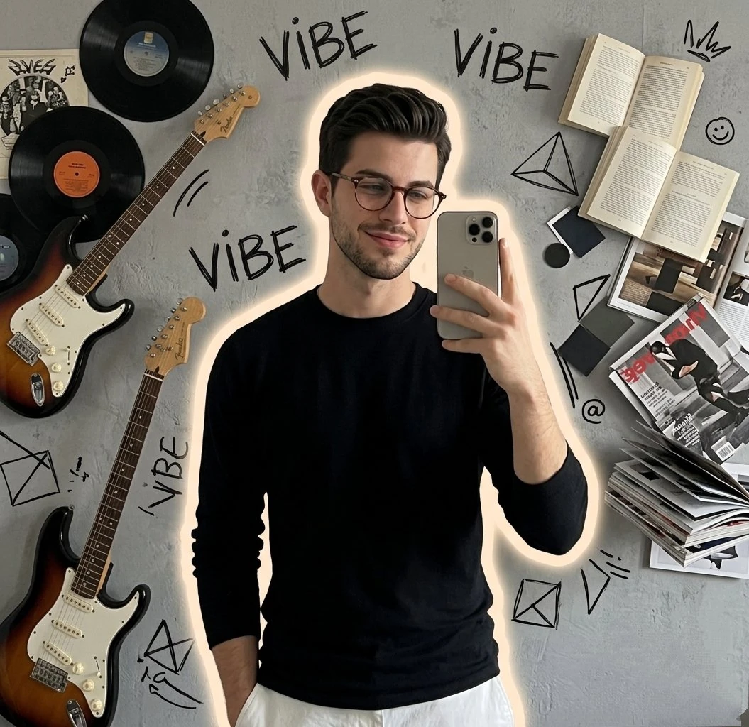 Stylish young man taking a mirror selfie with a smartphone, wearing a min...