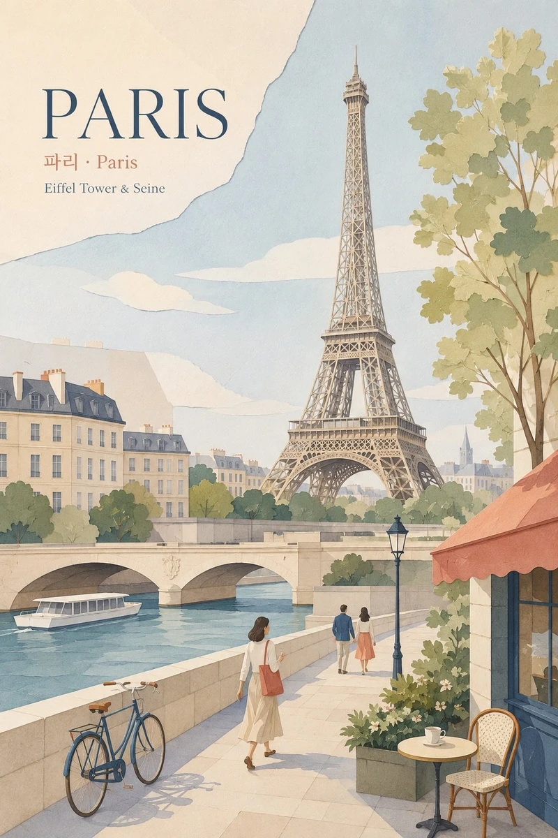 Show bright soft daylight. Use the Eiffel Tower as the clear main focal h...