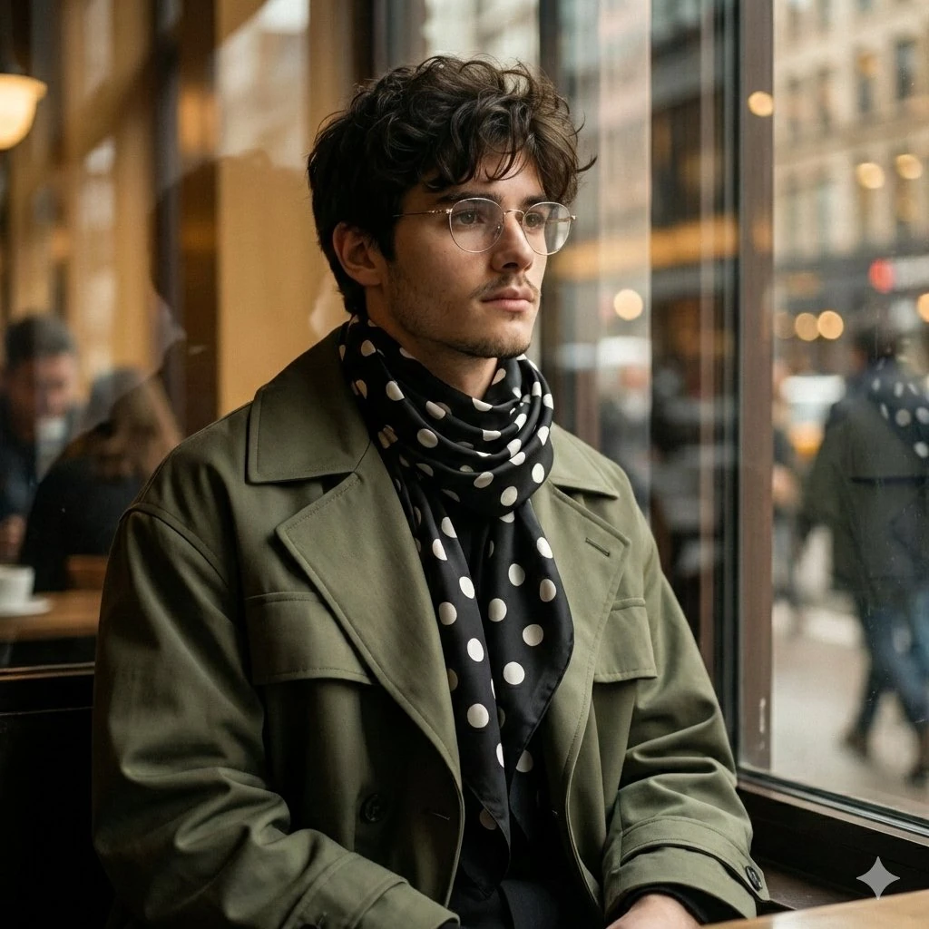 An editorial fashion portrait of a young man wearing a voluminous silk sc...