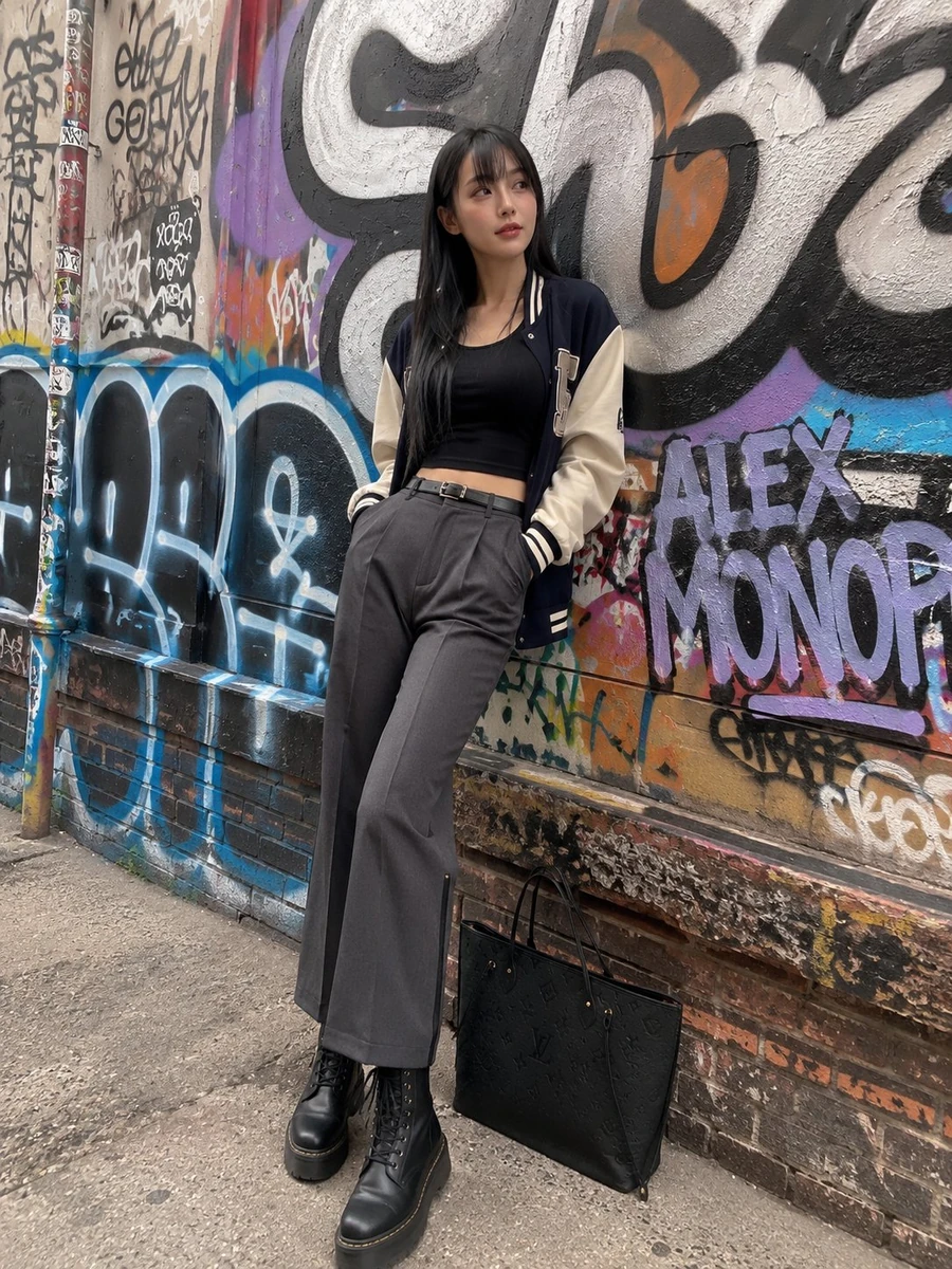 Photorealistic candid iPhone snapshot of a stylish young East Asian woman...