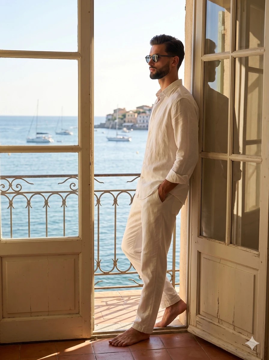 A confident adult male stands in profile, his face framed by a neatly tri...
