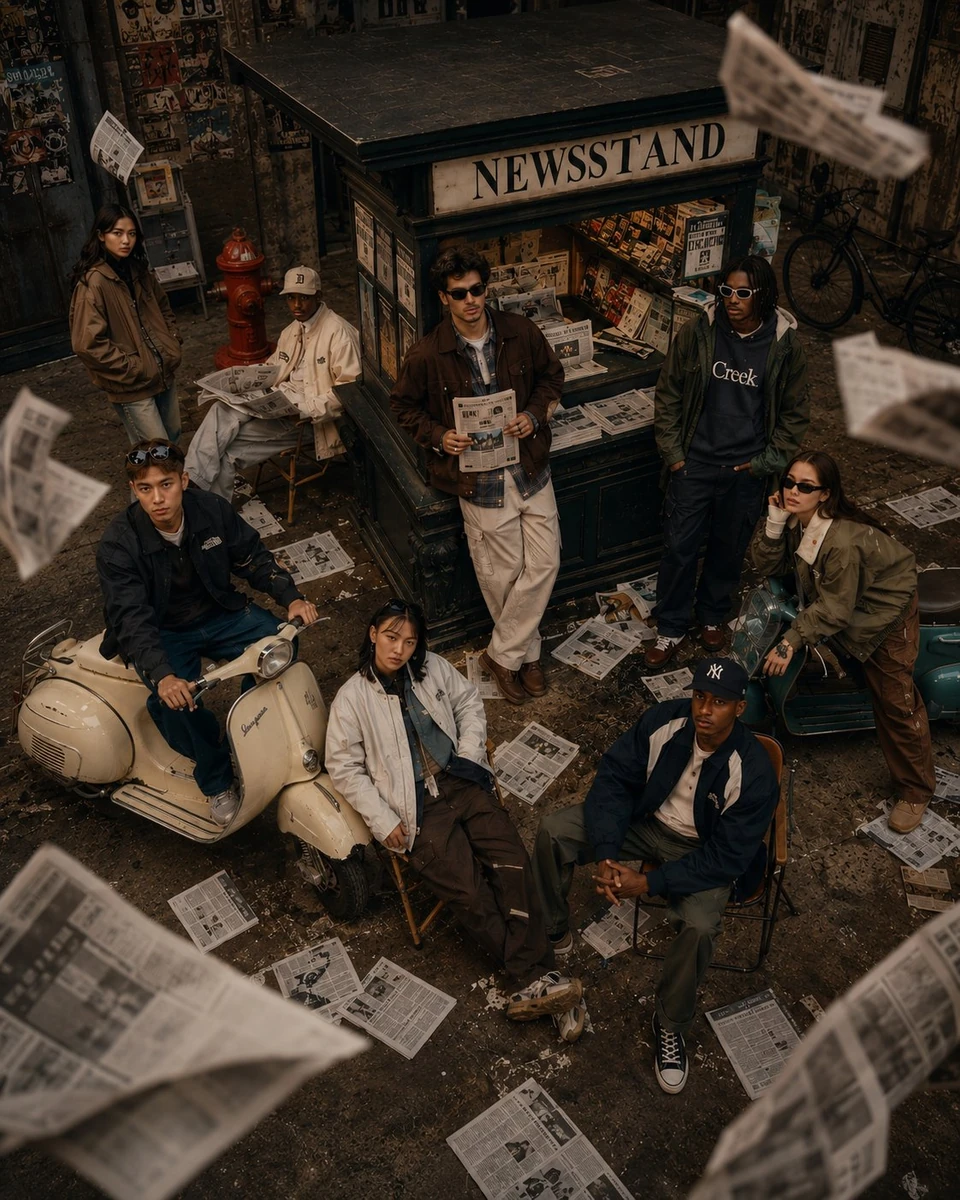 A cinematic fashion editorial scene of 8 diverse young adults gathered ar...
