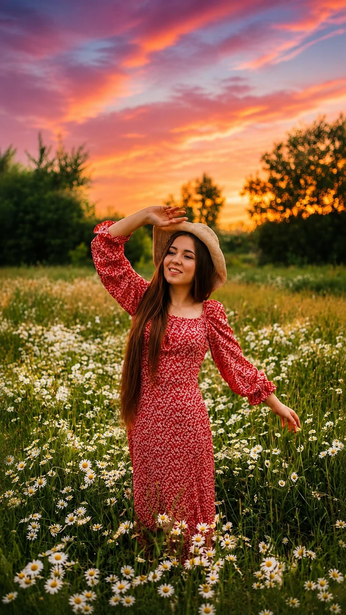 Transform this low-light outdoor portrait into a breathtaking golden-hour...