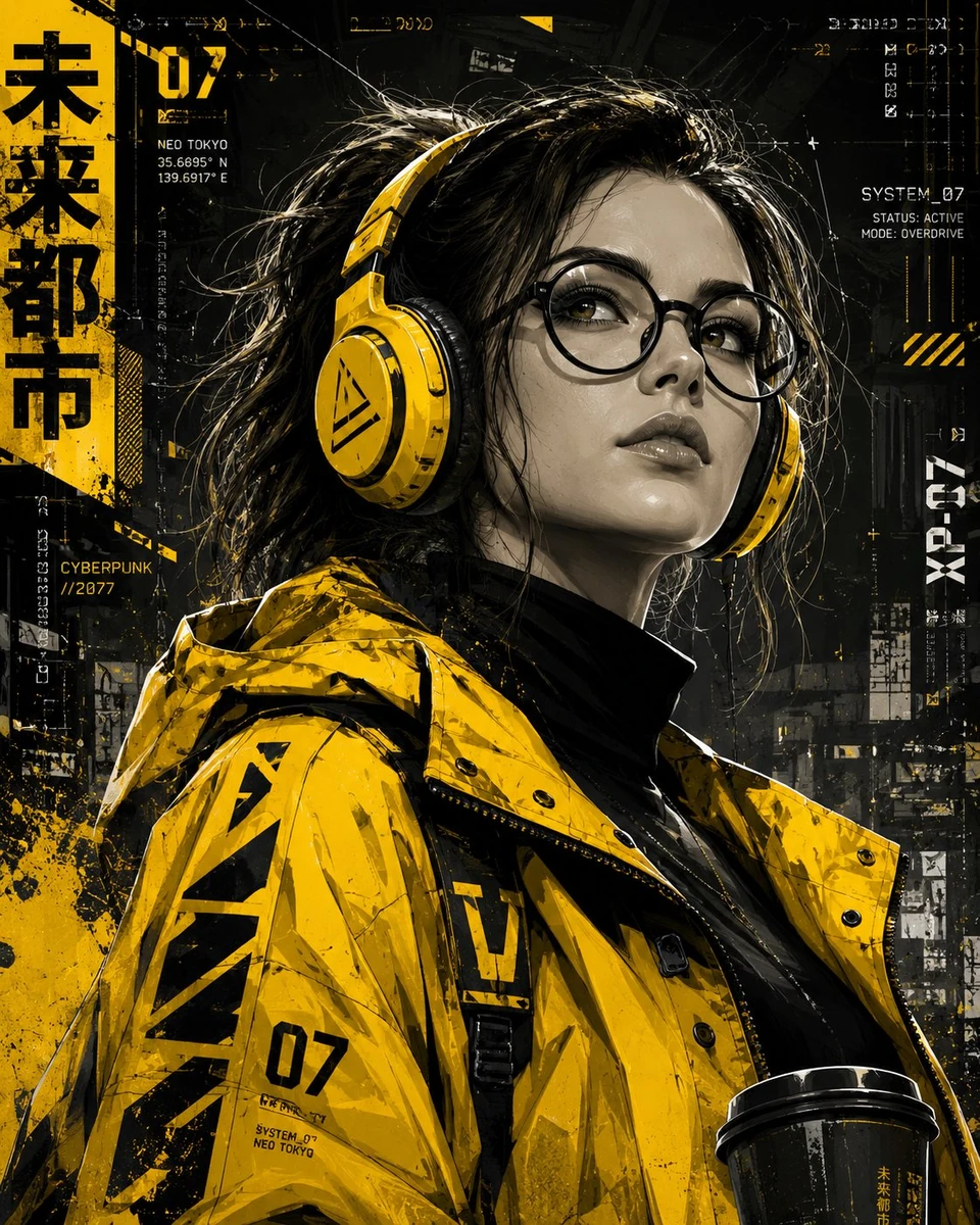 Ultra-detailed cyberpunk digital illustration in a premium graphic poster...