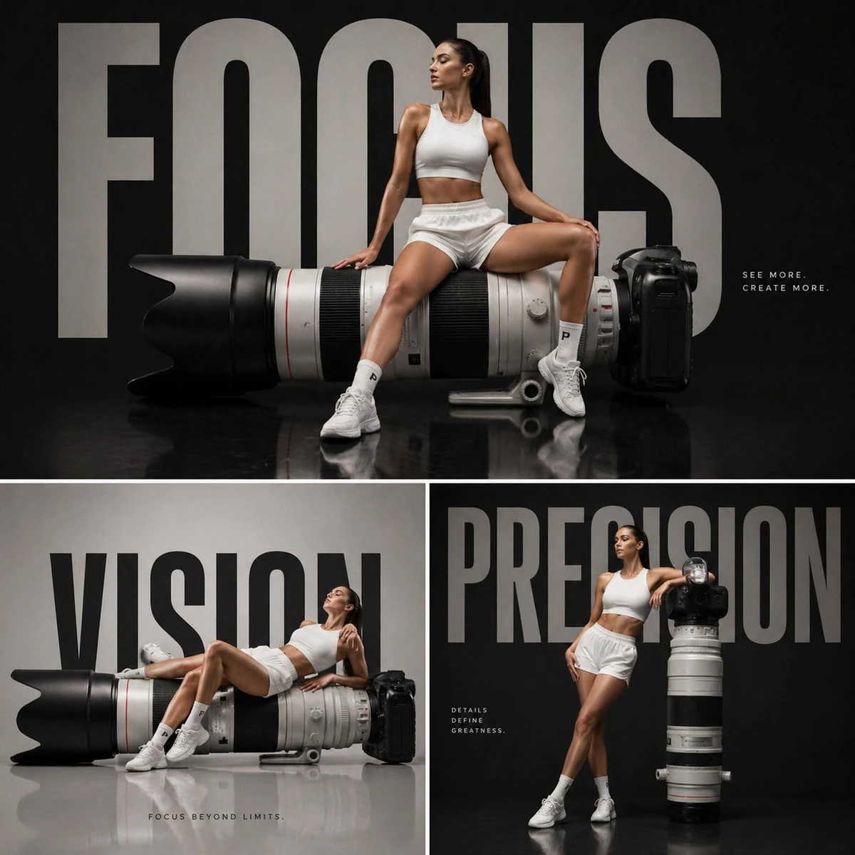 Luxury tech fashion campaign, oversized professional telephoto camera len...