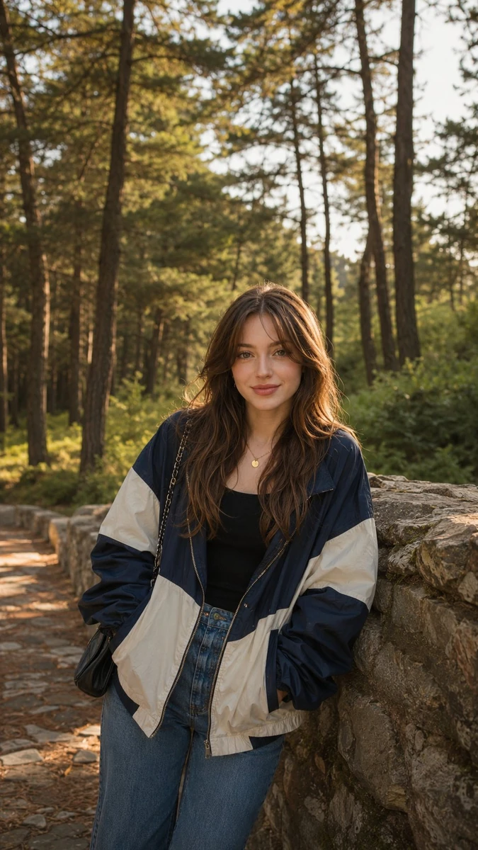 Ultra-realistic outdoor portrait of a beautiful young woman leaning casua...