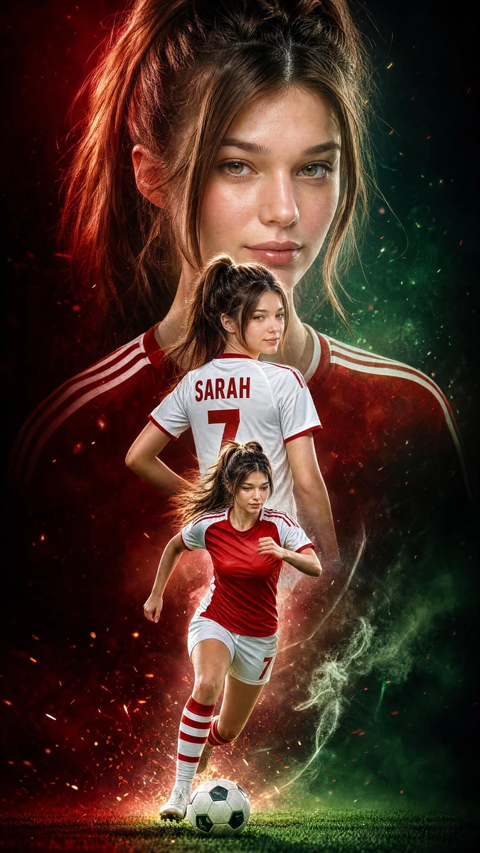 Ultra-realistic cinematic football poster featuring the same young female...
