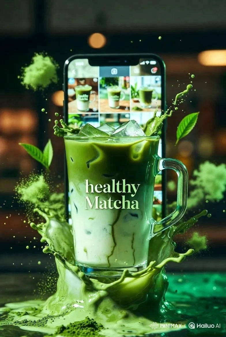 High-end commercial product photography of an iced matcha latte labeled “...