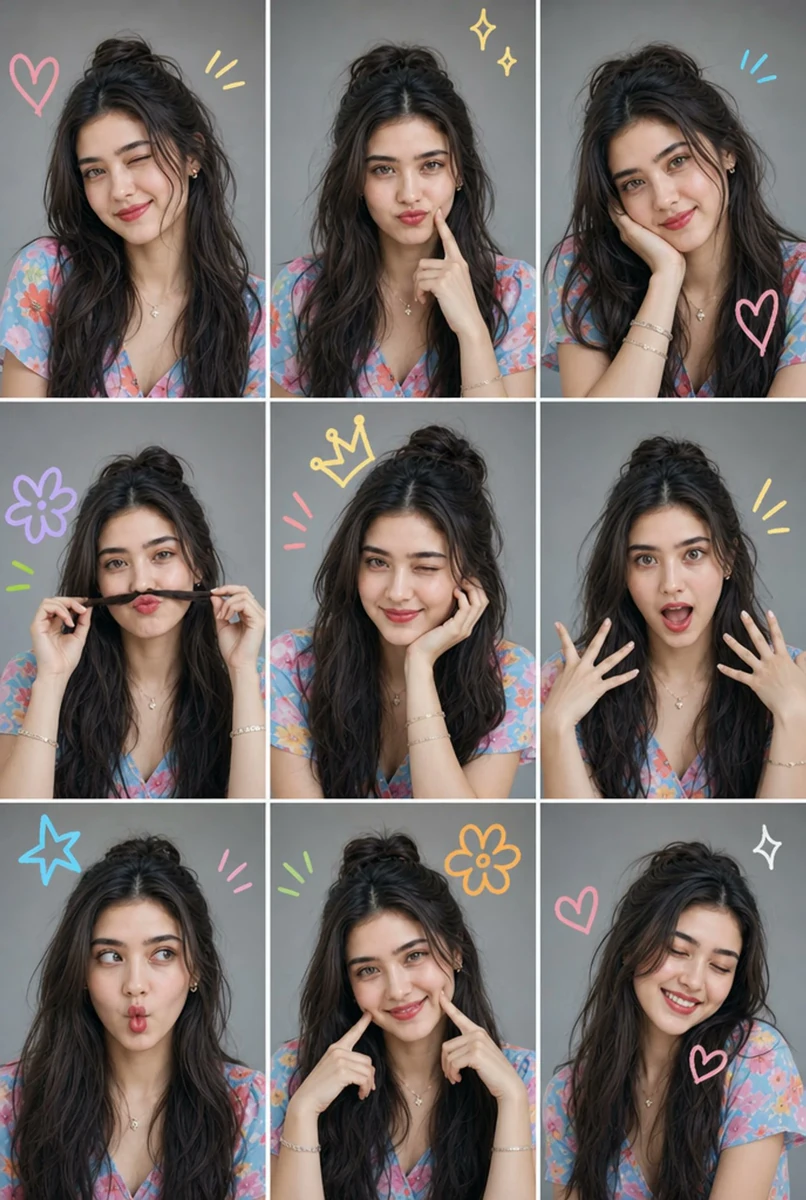A nine-panel photo collage featuring the same person in each frame with d...