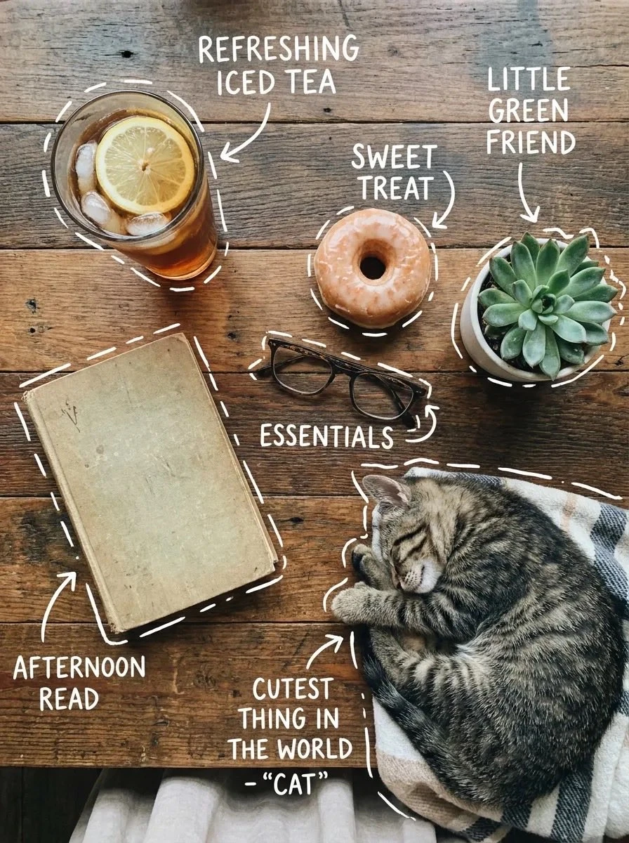 Top-down flat lay on a rustic wooden table, cozy aesthetic, soft natural...