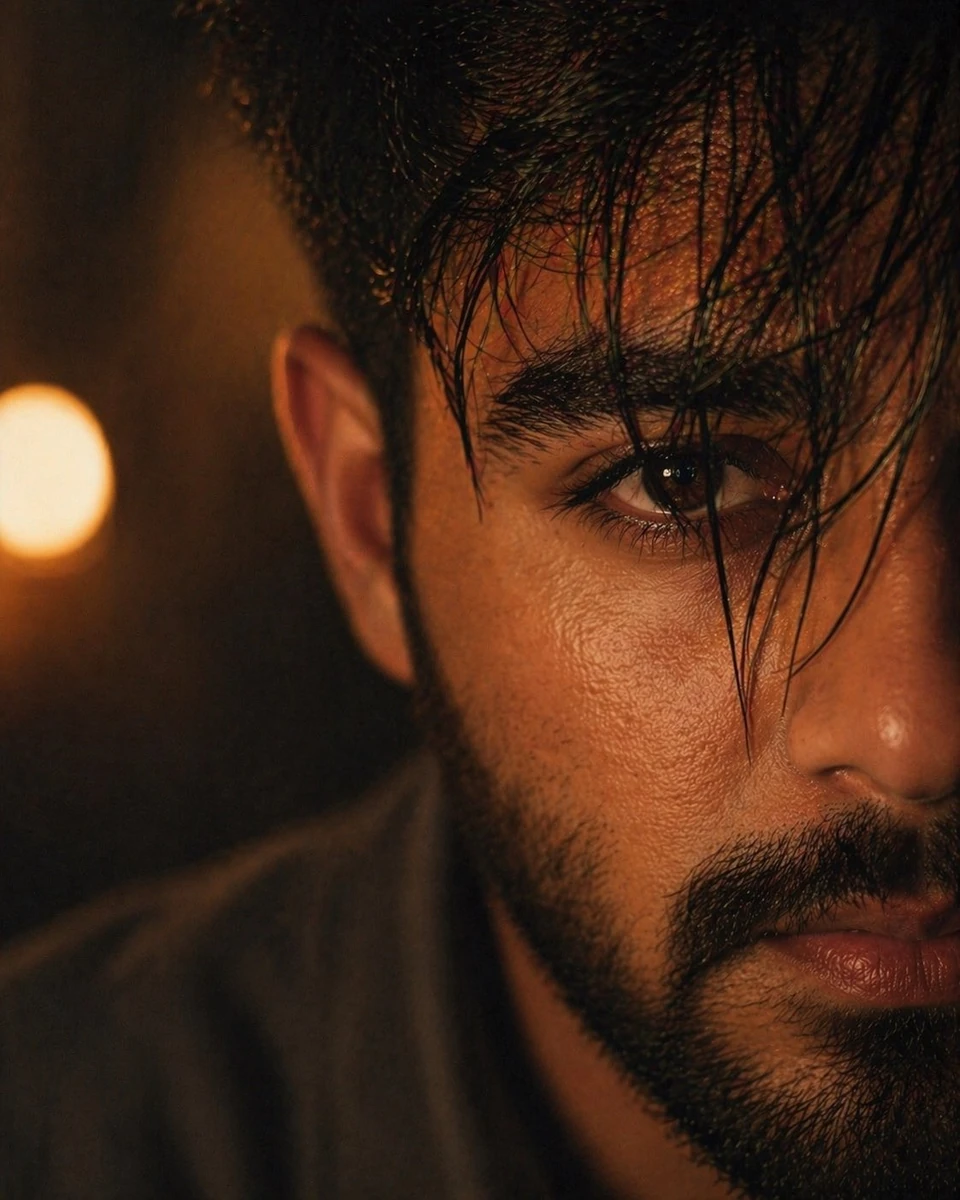 - Ultra-realistic hyper-detailed close-up cinematic portrait of a young m...