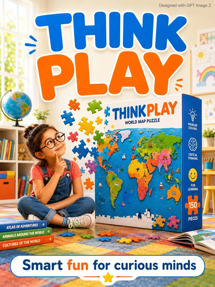 - A bright educational kids advertisement poster. A curious young girl ag...