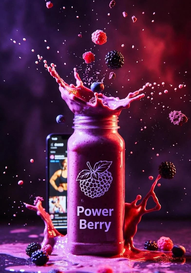 High-energy product shot of a vibrant berry smoothie in a glass jar label...