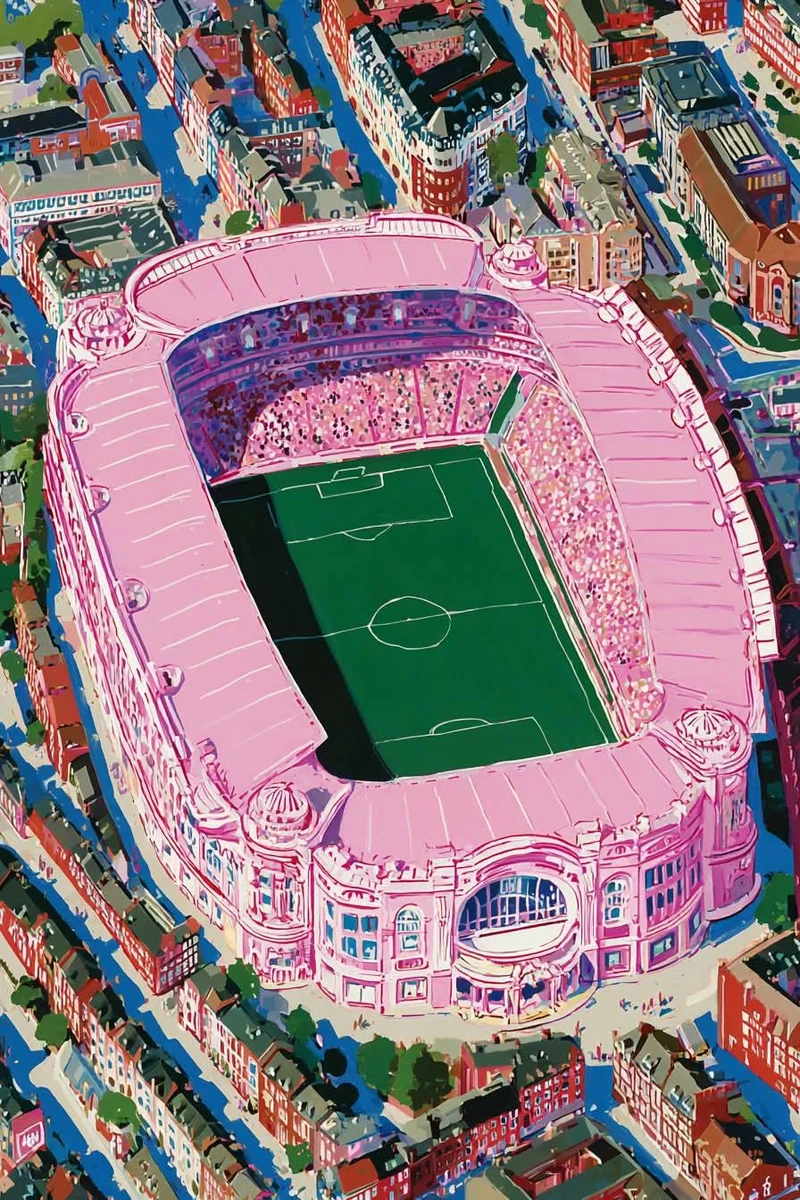 Dreamlike football-inspired surrealist illustration, massive pink footbal...