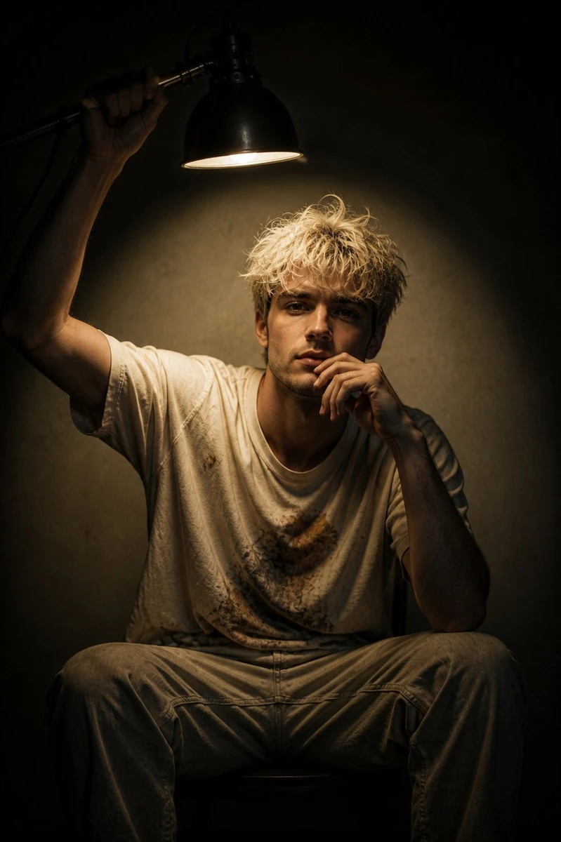 A low-key, straight-on medium-full shot features a young adult Caucasian...