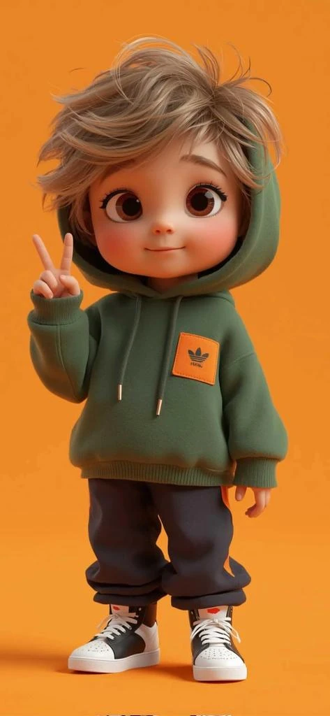 Cute stylized 3D chibi boy character standing full body, big shiny brown...