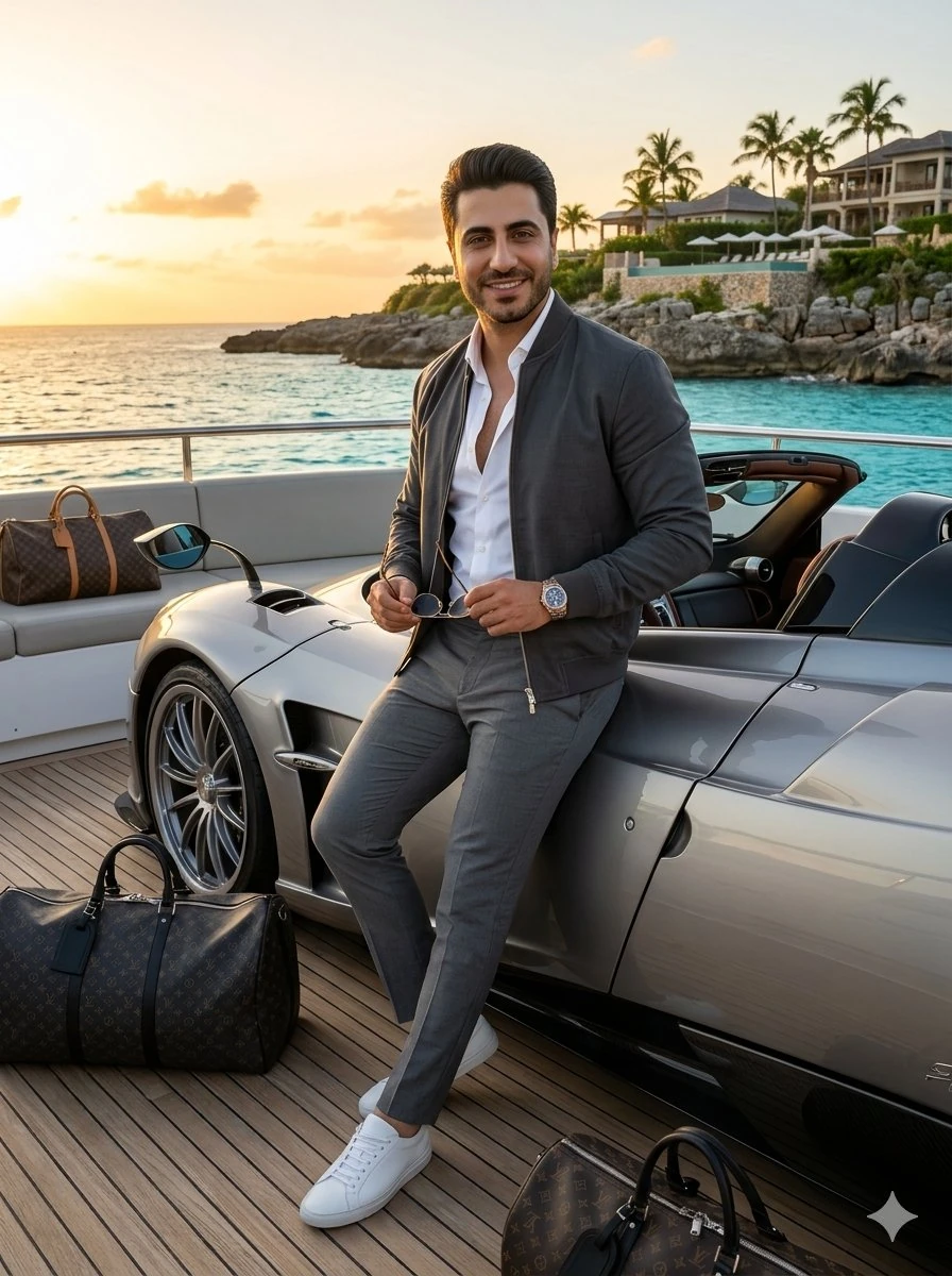 Hyper-realistic cinematic photograph of a confident handsome young man wi...