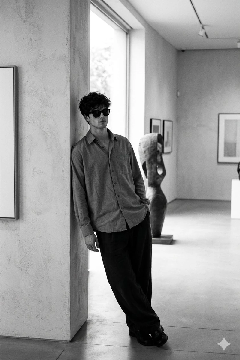 A black and white film photograph from the 1990s shows a man leaning agai...