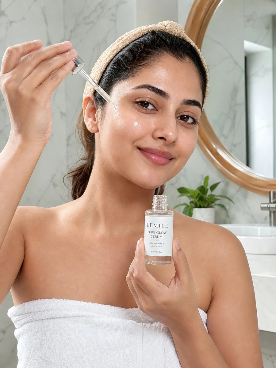 A beautiful young South Asian woman with glowing, dewy skin and a radiant...