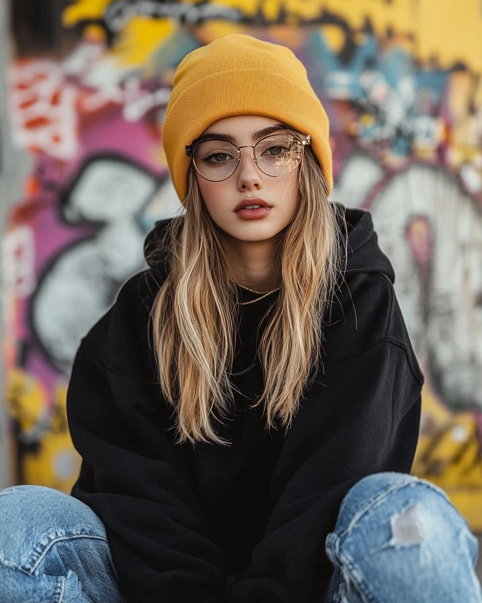 Cinematic urban street portrait of a stylish young woman sitting casually...