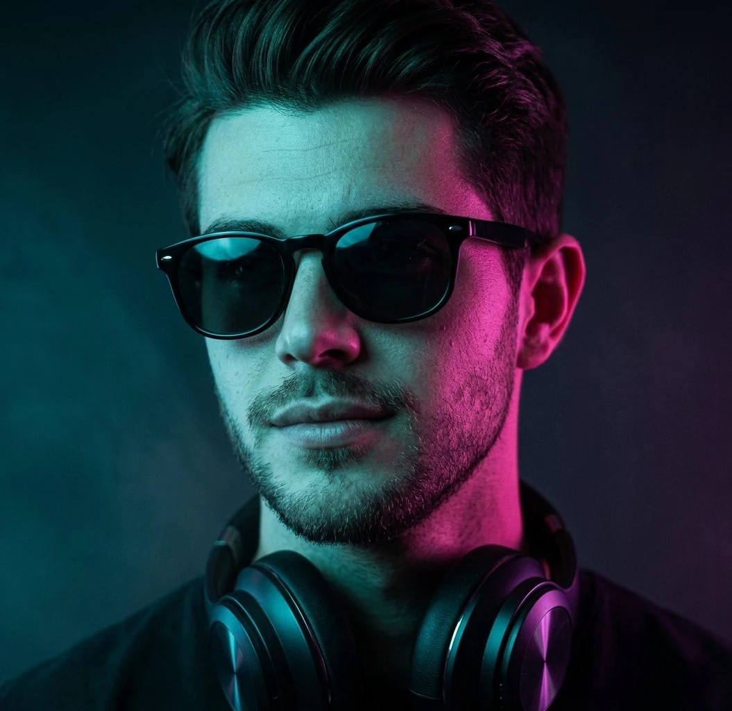 Moody cinematic portrait of a stylish man wearing black sunglasses and pr...