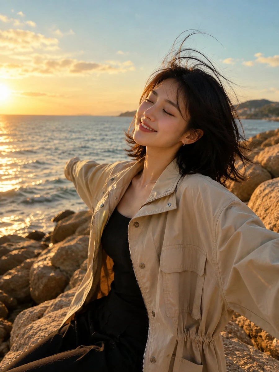 Beautiful young woman enjoying a peaceful moment by the seaside during go...
