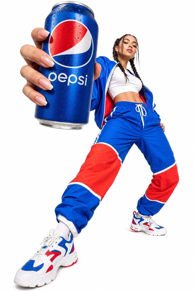 Low-angle fashion campaign photograph of a confident model holding a larg...