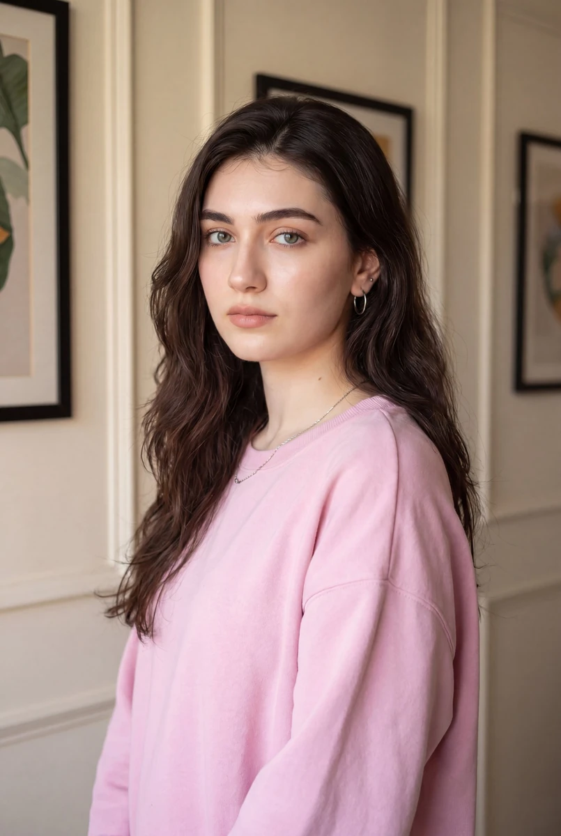 Photorealistic portrait of a young woman indoors, soft natural window lig...
