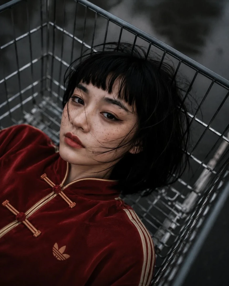 Woman character inside shopping trolley, POV angle from inside trolley lo...