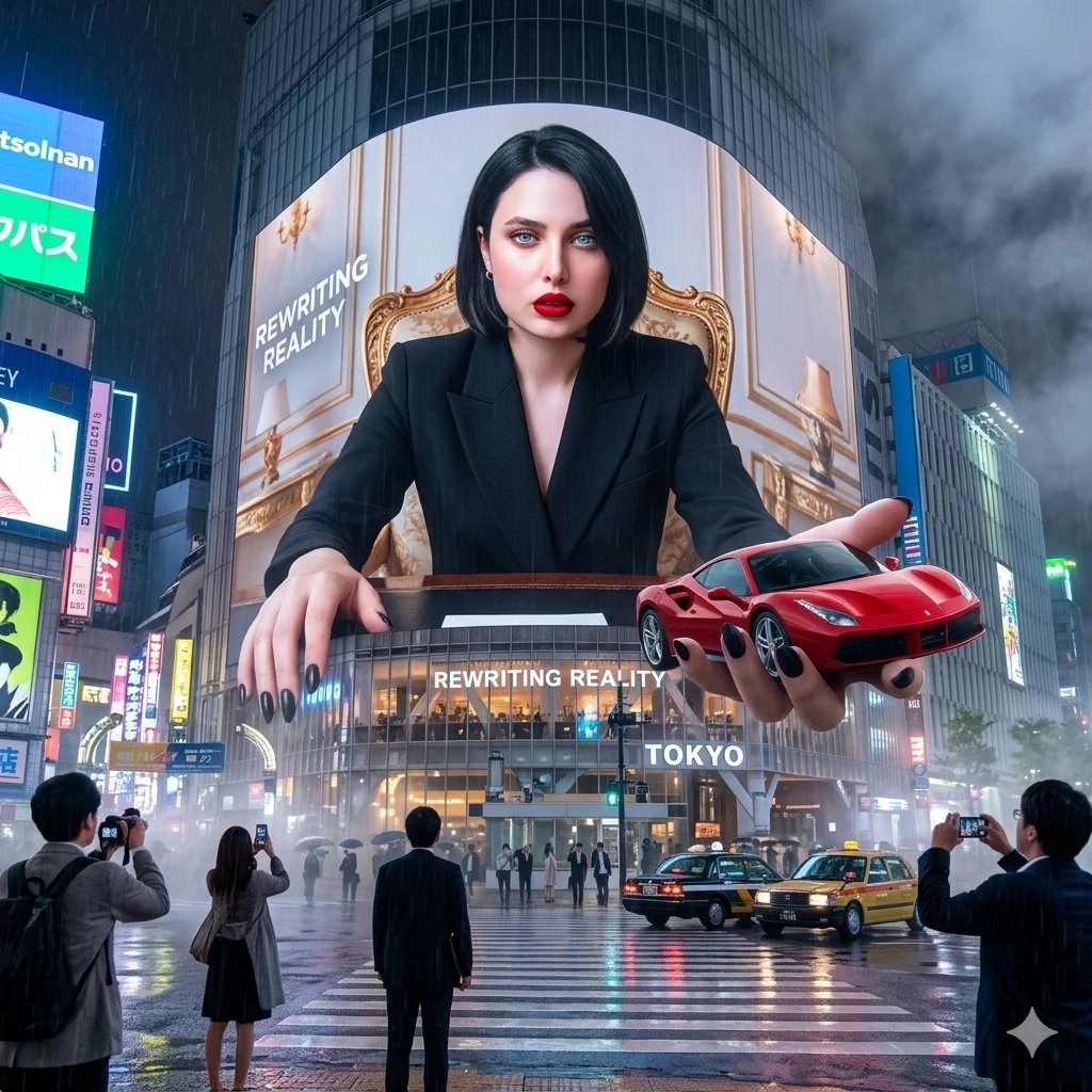 cinematic, hyper-realistic urban scene at night in a modern city. A massi...